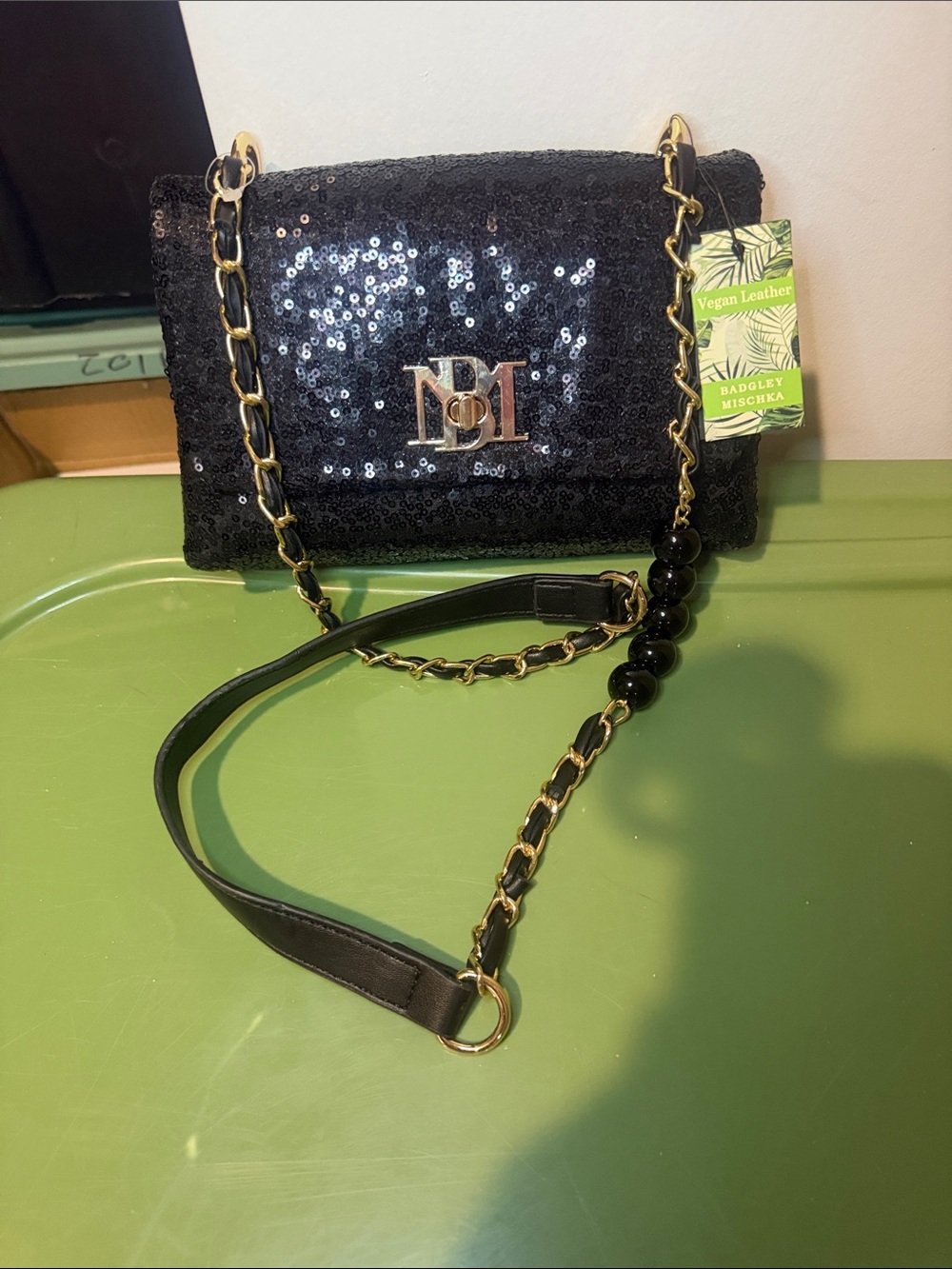 Badgley Mischka Black Sequin Shoulder Bag with Gold Chain Strap